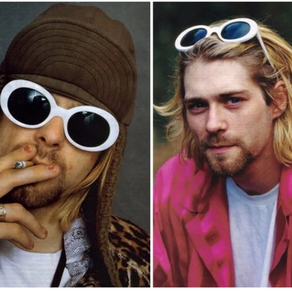 Oval Sunglasses Pink Lens Black Frame Retro Halloween Festiv Kurt Cobain Costume - Picture 2 of 7